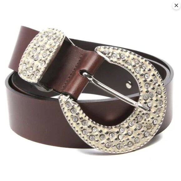 Vintage Le Chateau Leather Cowgirl Rhinestone Belt Bling Buckle Statement Brown - Picture 2 of 14